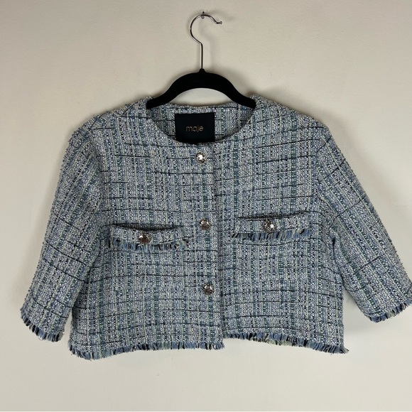 Maje 2 Piece Matching Tweed Short Sleeve Blazer Skort Pleaded Skirt Set Size 38 - Picture 8 of 16